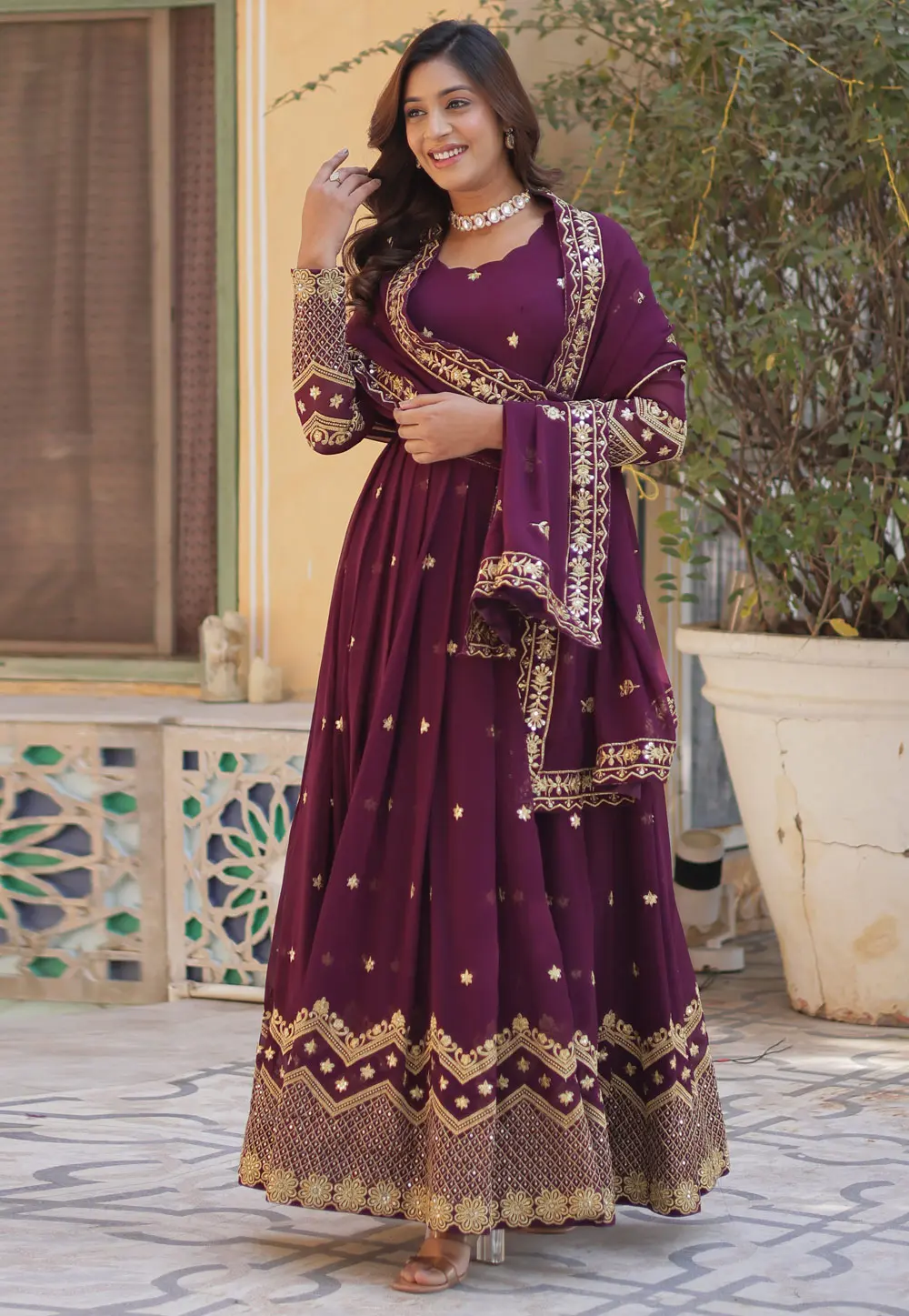 Wine Faux Georgette Readymade Anarkali Suit 302027