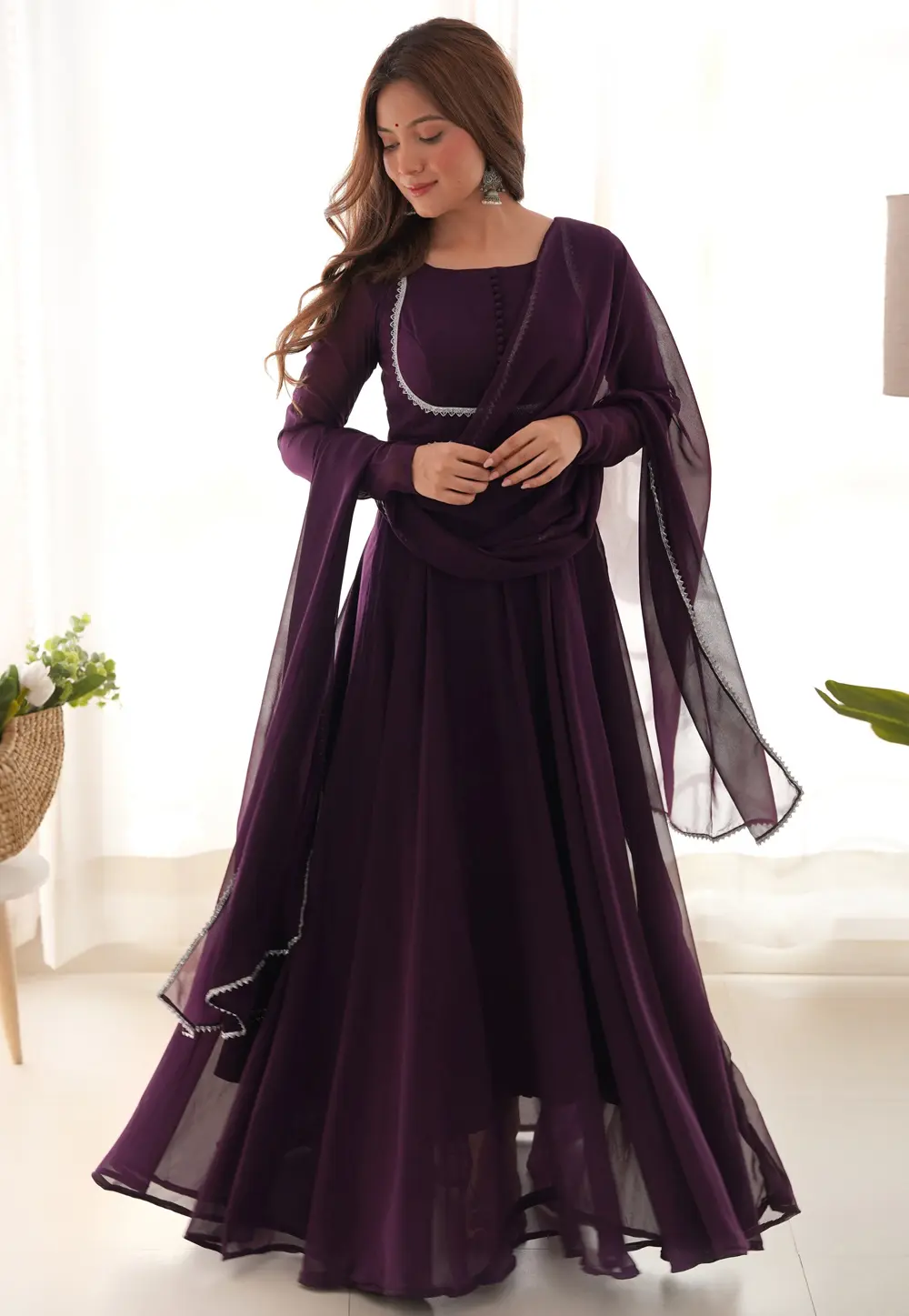 Wine Faux Georgette Readymade Long Anarkali Suit 304182