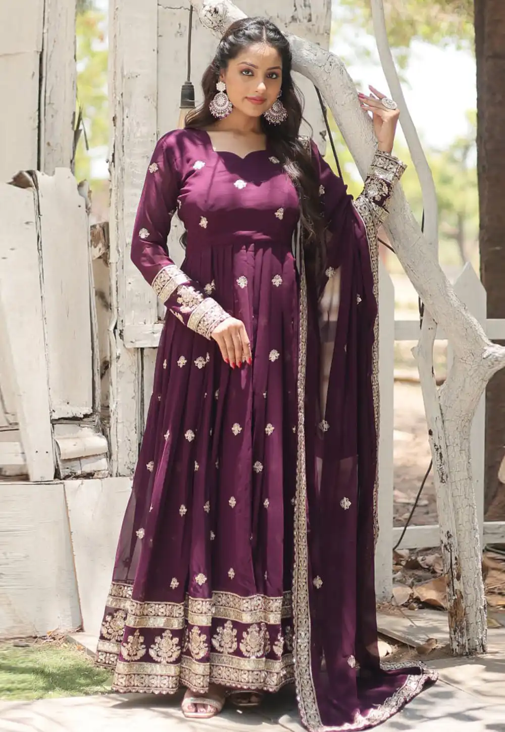 Wine Faux Georgette Readymade Long Anarkali Suit 293203