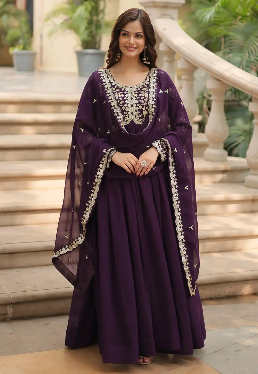 Wine Faux Georgette Readymade Long Anarkali Suit 293880