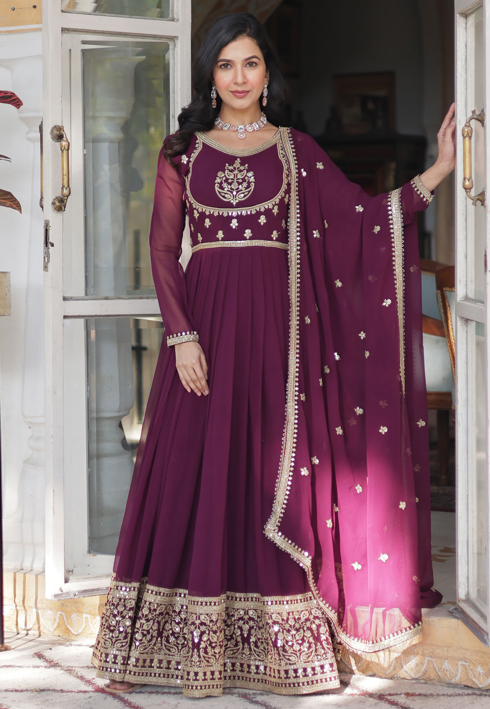 Wine Faux Georgette Readymade Long Anarkali Suit 305884