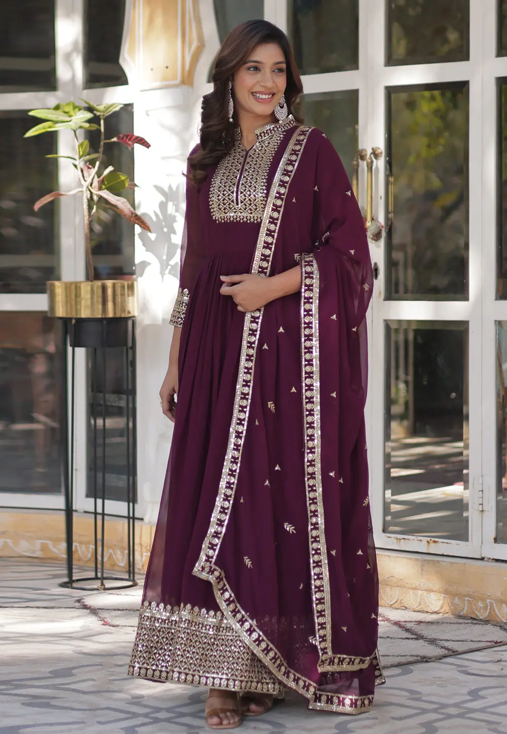 Wine Faux Georgette Readymade Long Anarkali Suit 301628