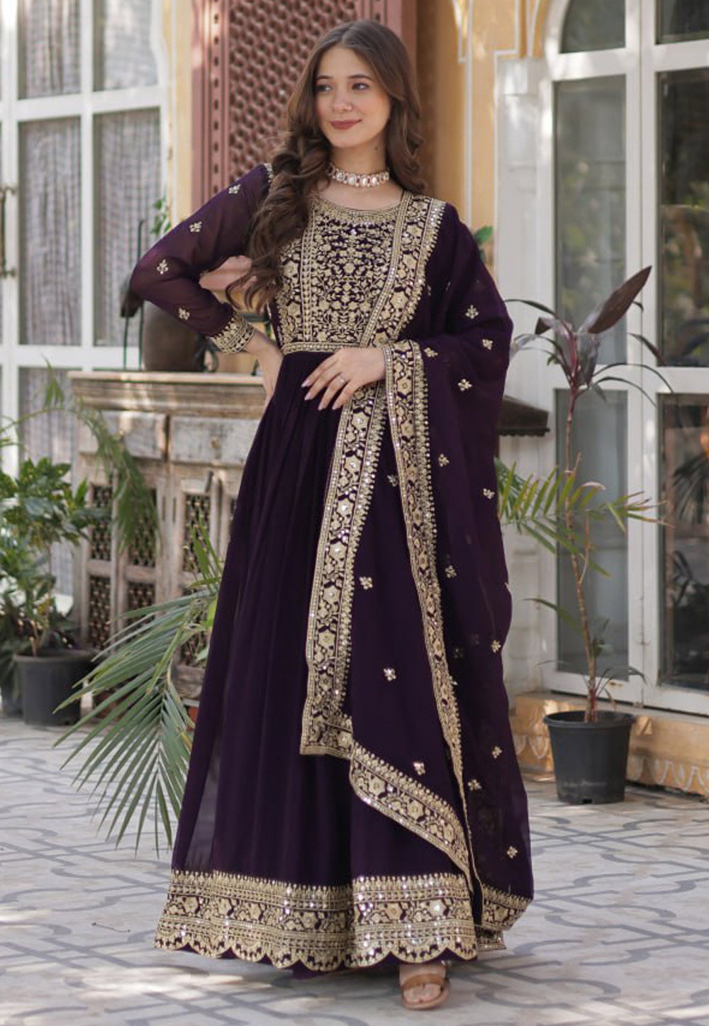 Wine Faux Georgette Readymade Long Anarkali Suit 309527