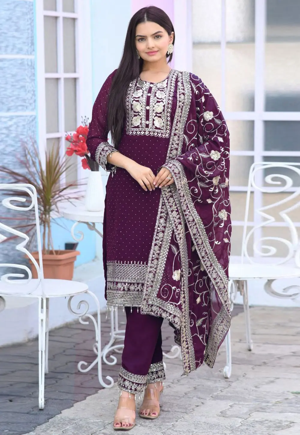 Wine Faux Georgette Readymade Pakistani Suit 301669