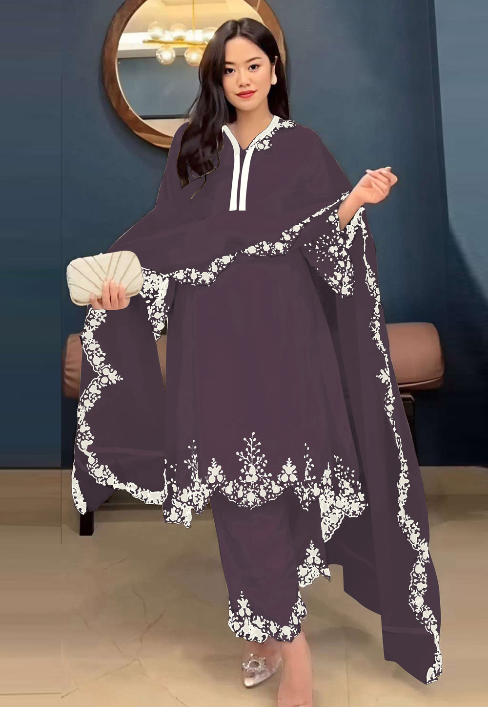 Wine Faux Georgette Readymade Pakistani Suit 309314