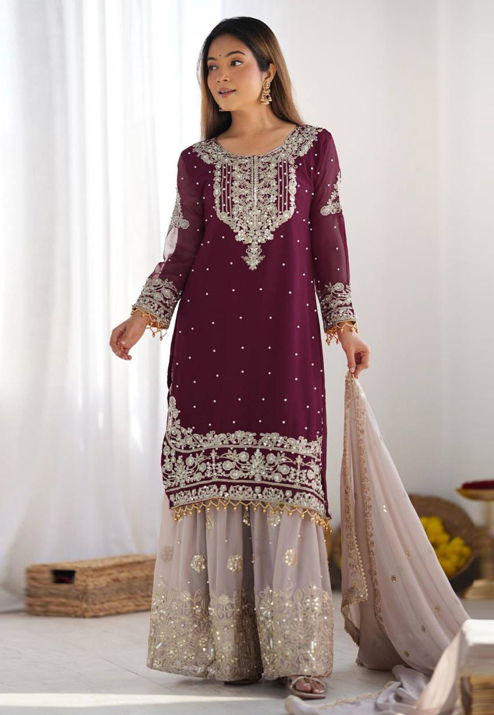 Wine Faux Georgette Readymade Sharara Suit 310378