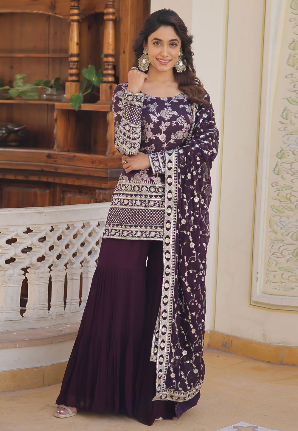Wine Faux Georgette Readymade Sharara Suit 282498