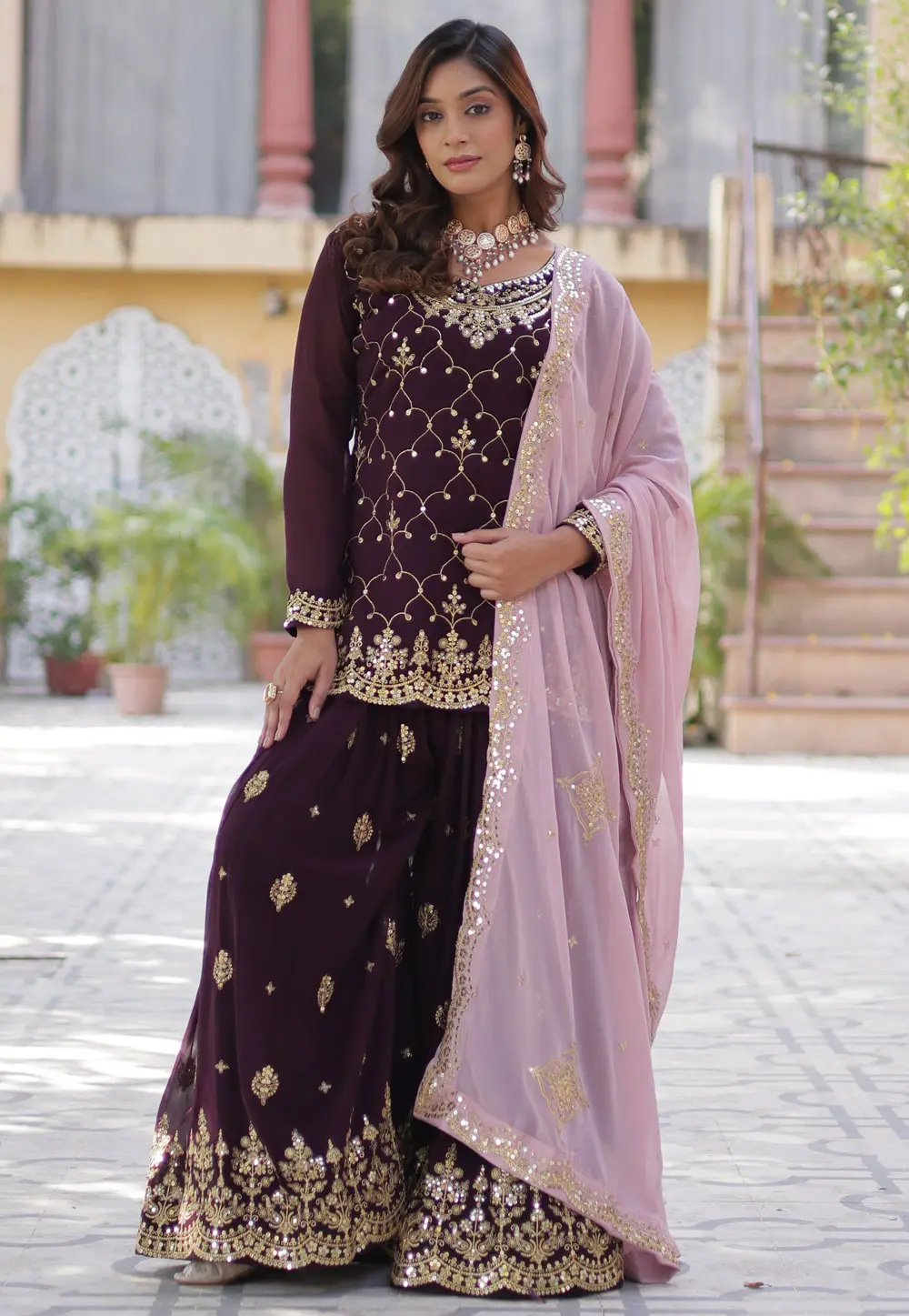 Wine Faux Georgette Readymade Sharara Suit 303369