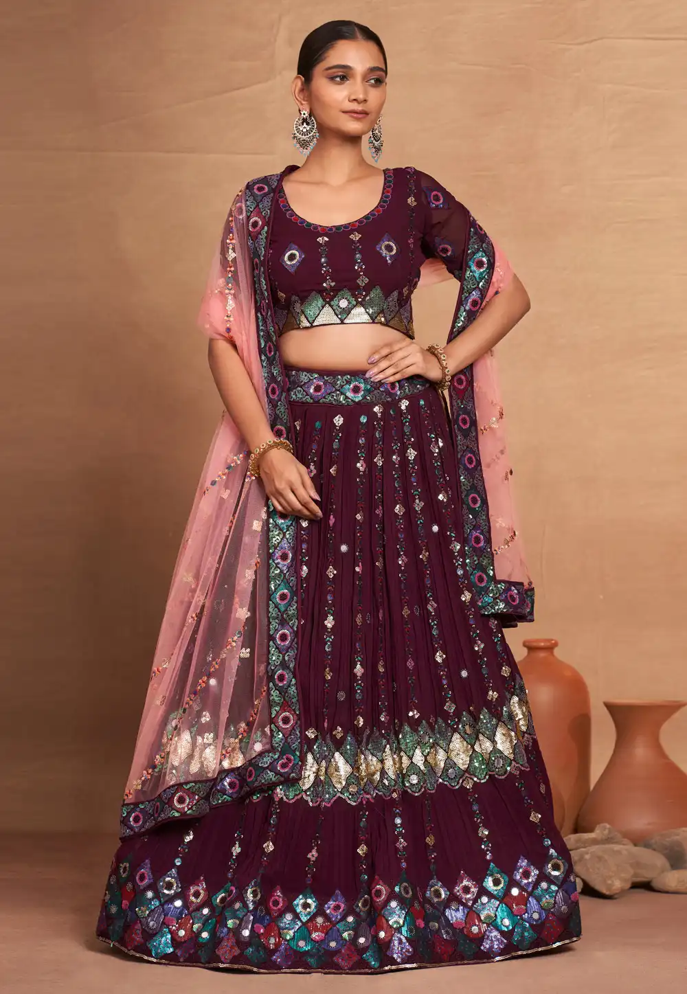 Wine Georgette Circular Lehenga Choli 292850