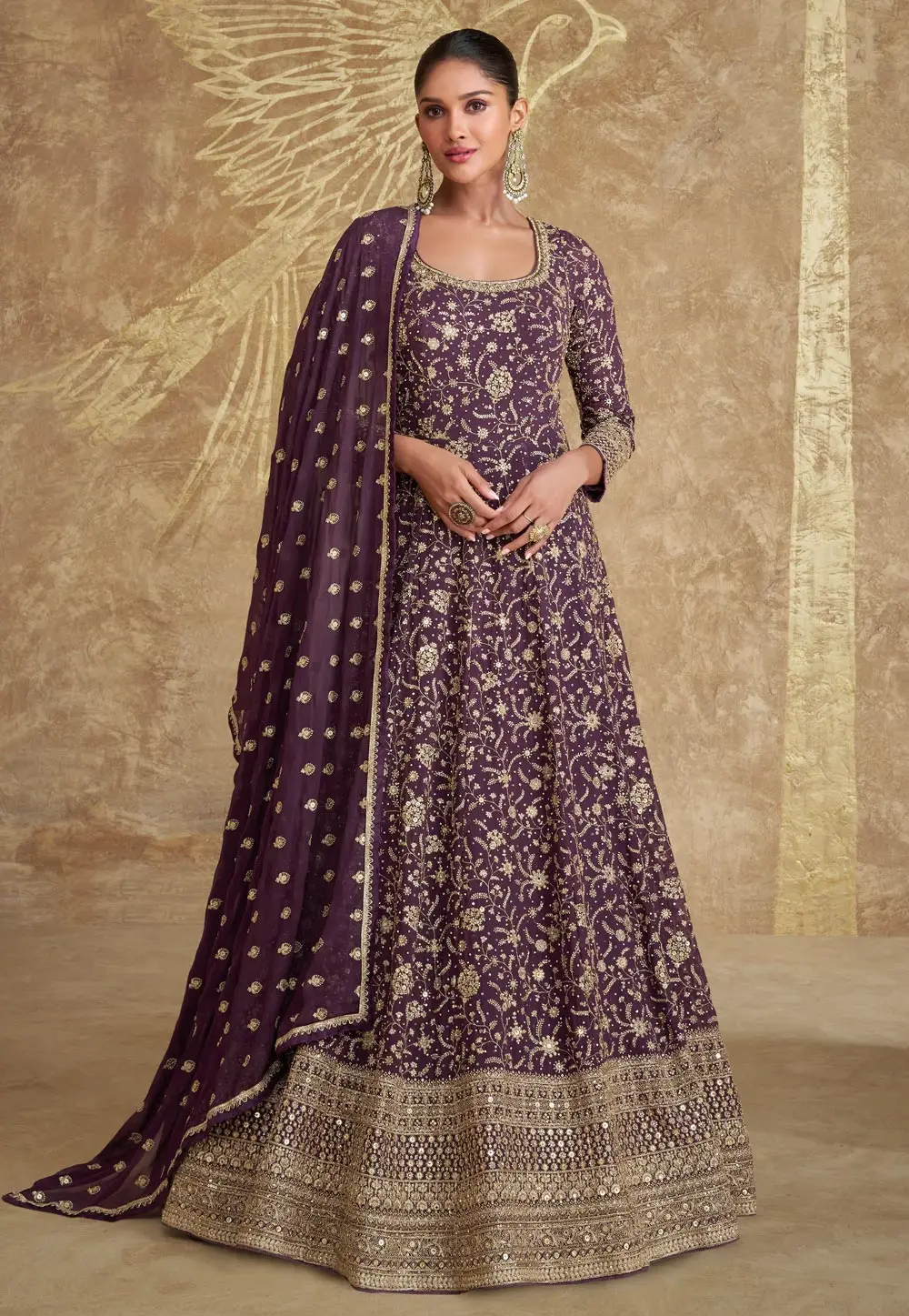 Wine Georgette Embroidered Floor Length Anarkali Suit 297201