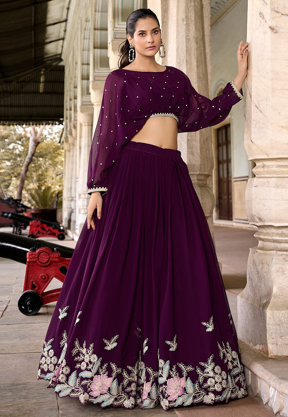 Wine Georgette Indo Western Lehenga Choli 285977