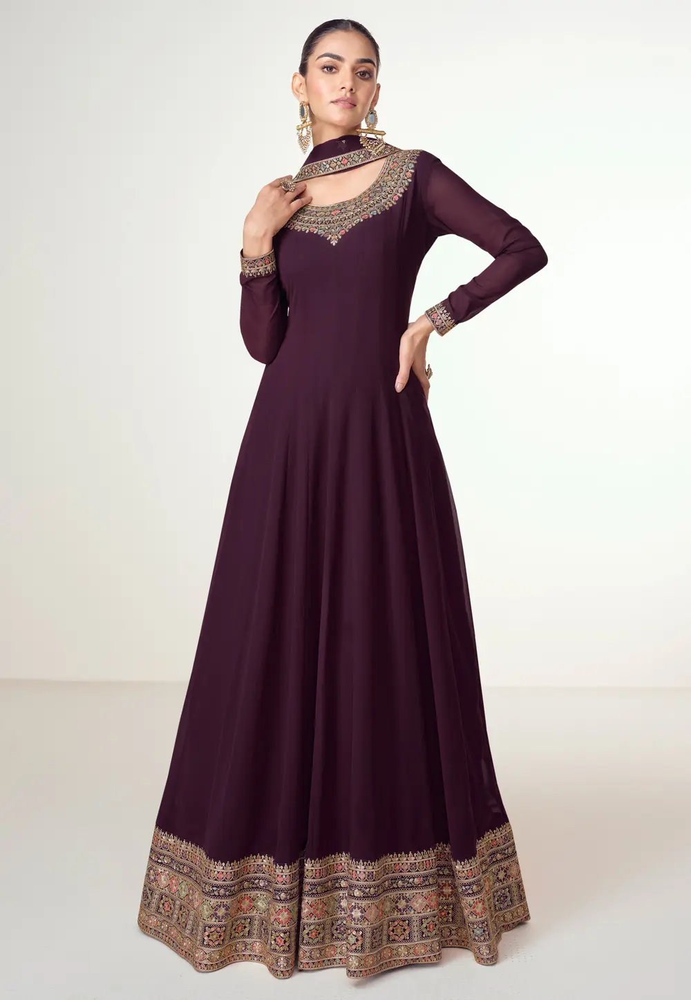 Wine Georgette Long Anarkali Suit 300397