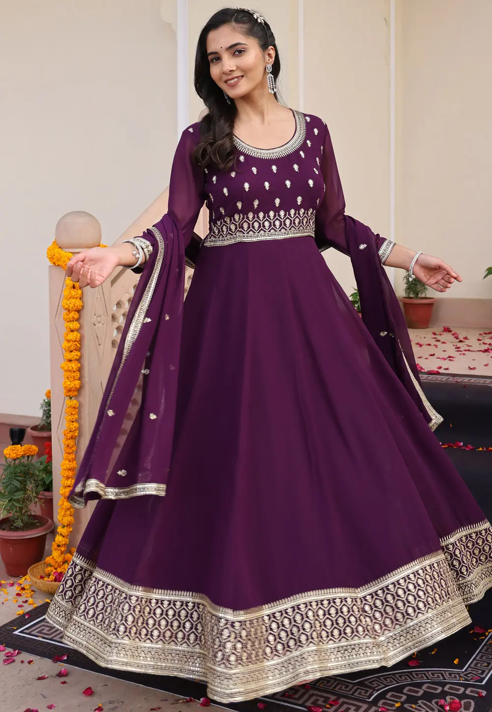 Wine Georgette Long Anarkali Suit 304011