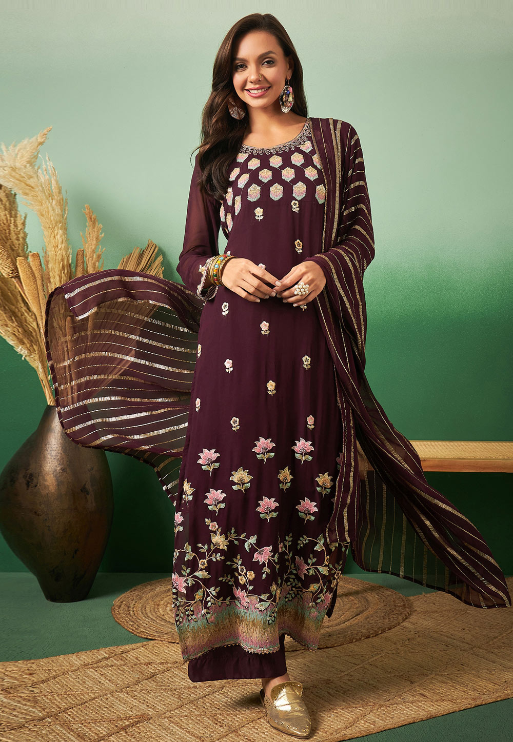 Wine Georgette Palazzo Suit 281857