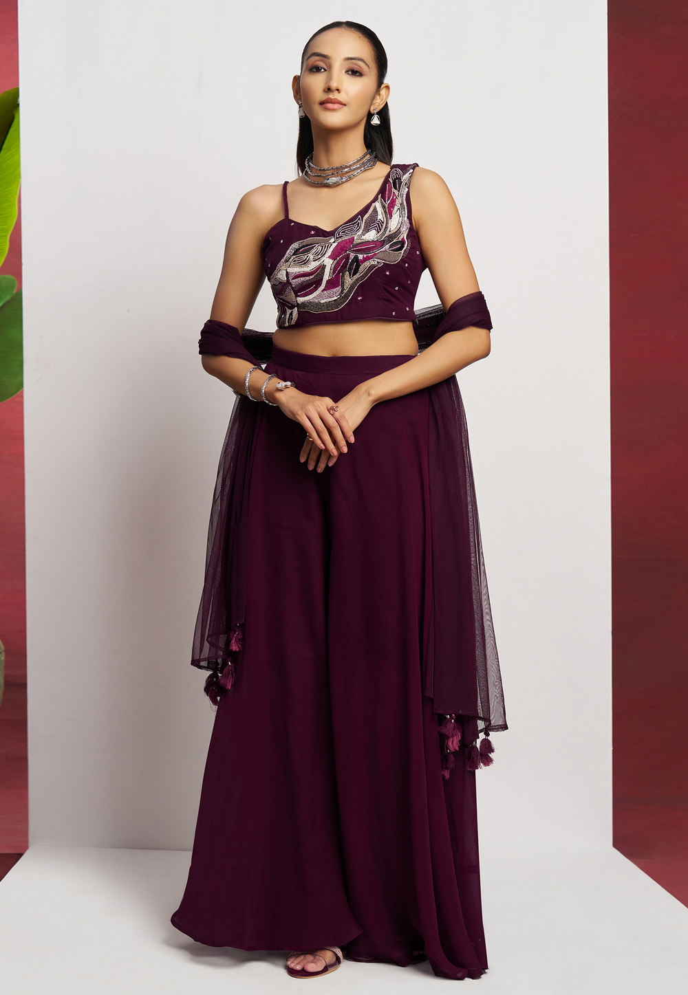 Wine Georgette Palazzo With Crop Top 309956