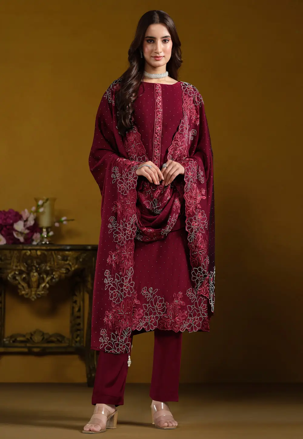 Wine Georgette Pant Style Suit 297168