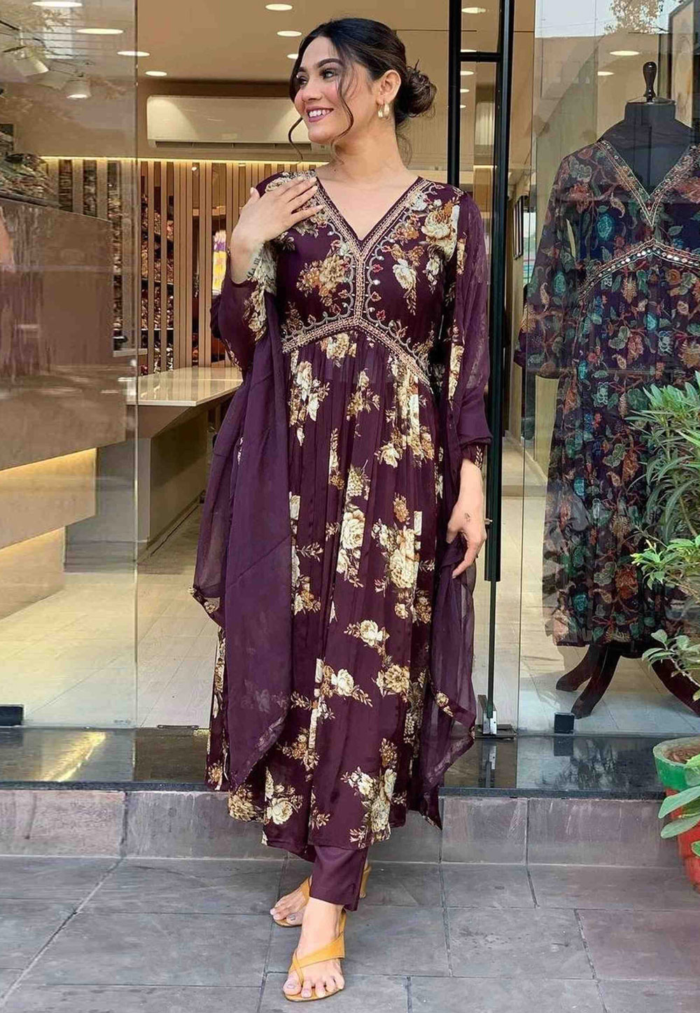 Wine Georgette Readymade Anarkali Suit 306281