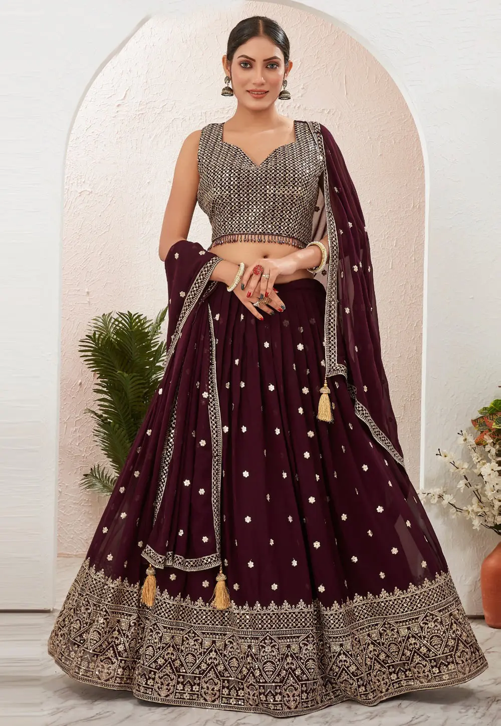 Wine Georgette Readymade Circular Lehenga Choli 302028