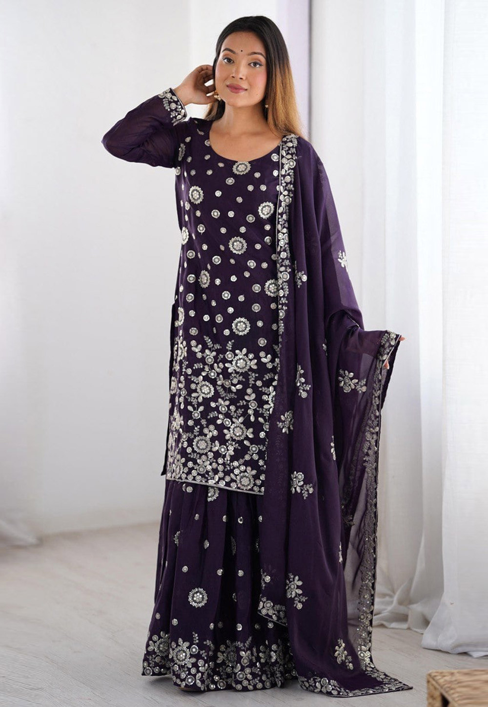 Wine Georgette Readymade Gharara Suit 310982