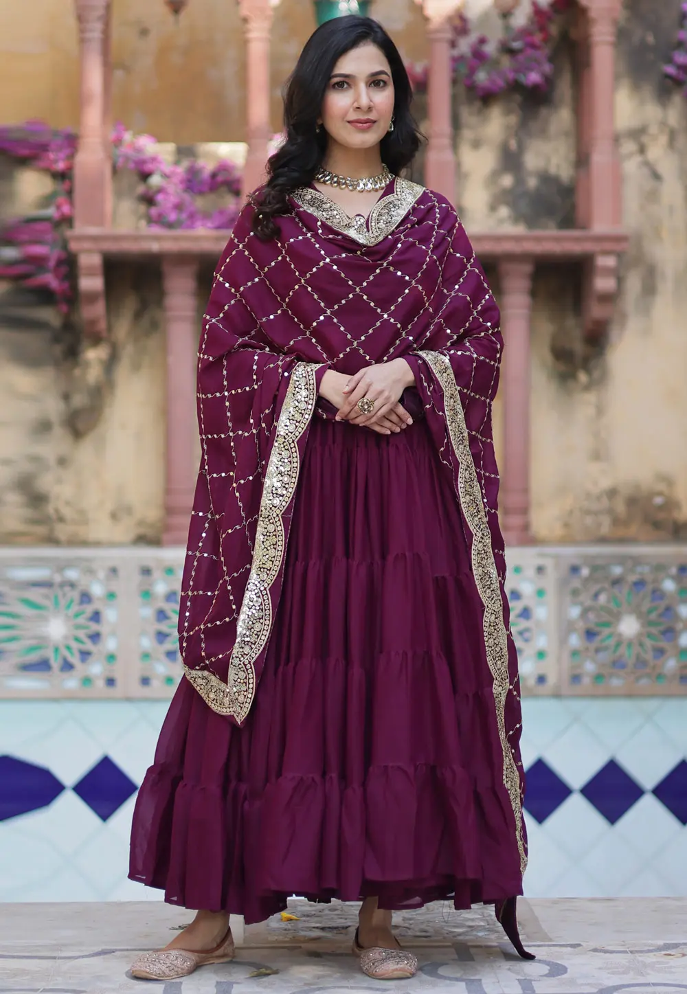 Wine Georgette Readymade Long Anarkali Suit 303524