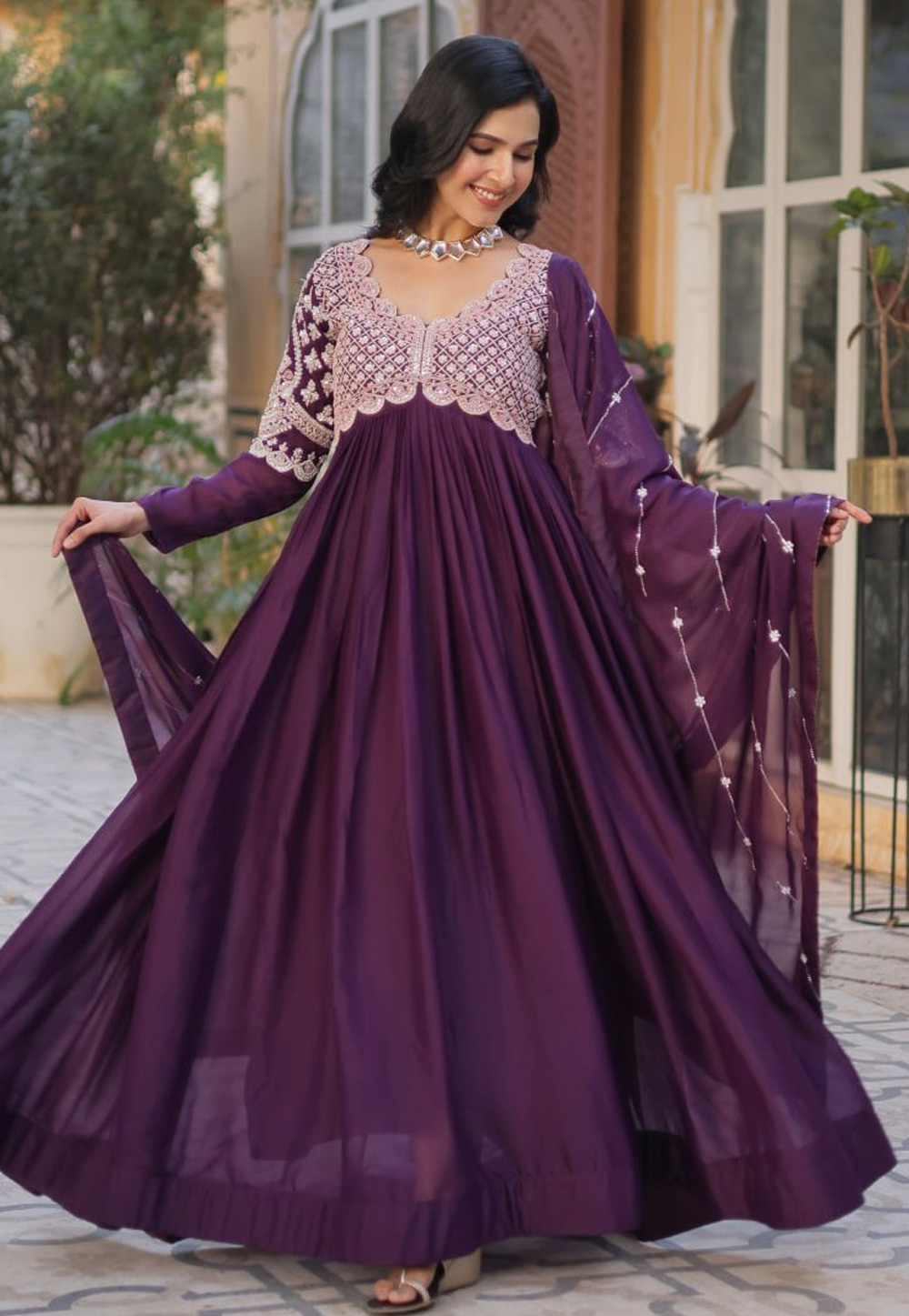 Wine Georgette Readymade Long Anarkali Suit 305555