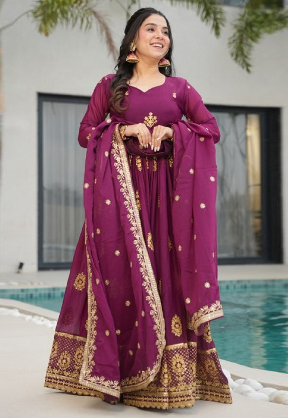 Wine Georgette Readymade Long Anarkali Suit 311124