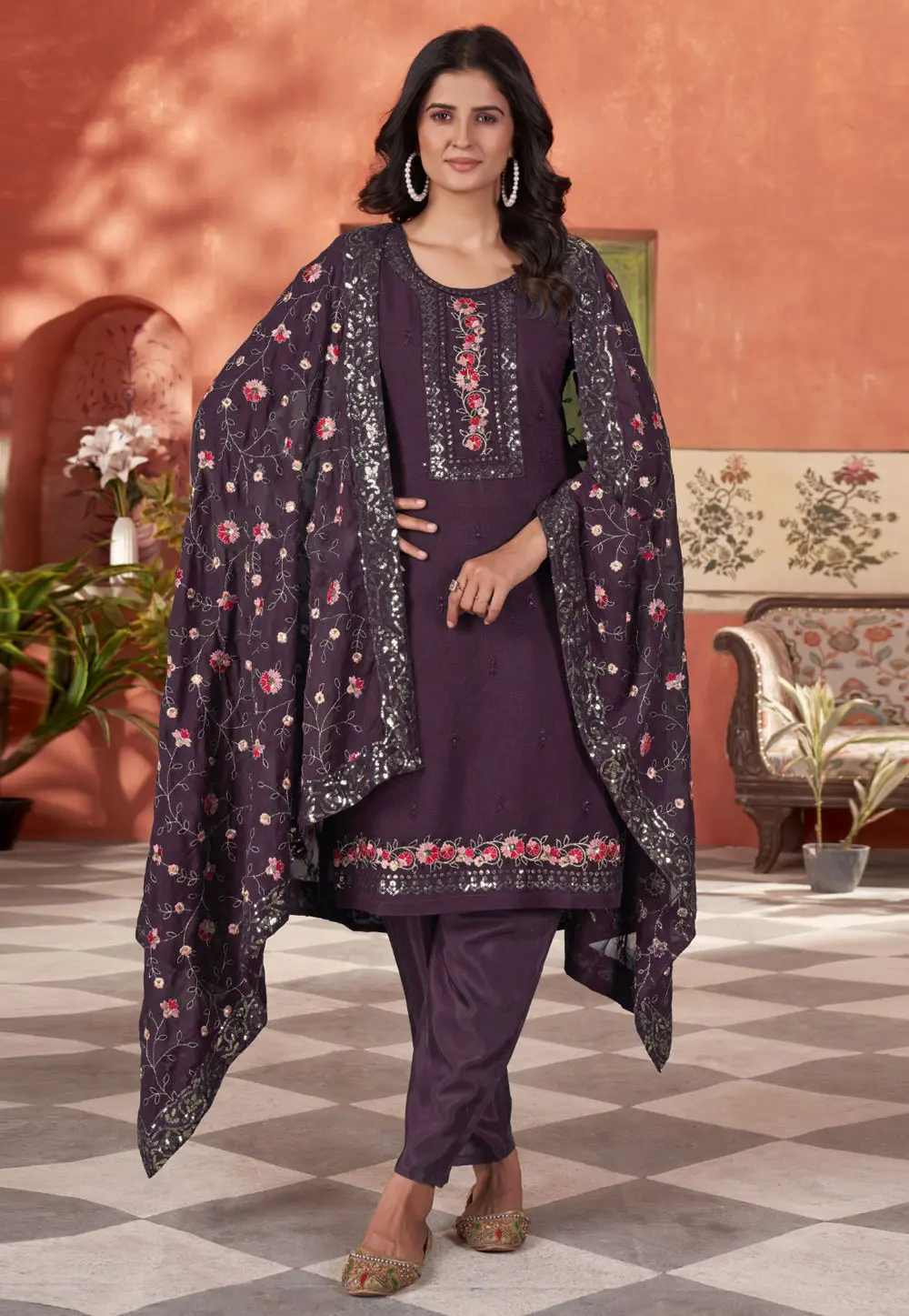 Wine Georgette Readymade Pakistani Suit 303526