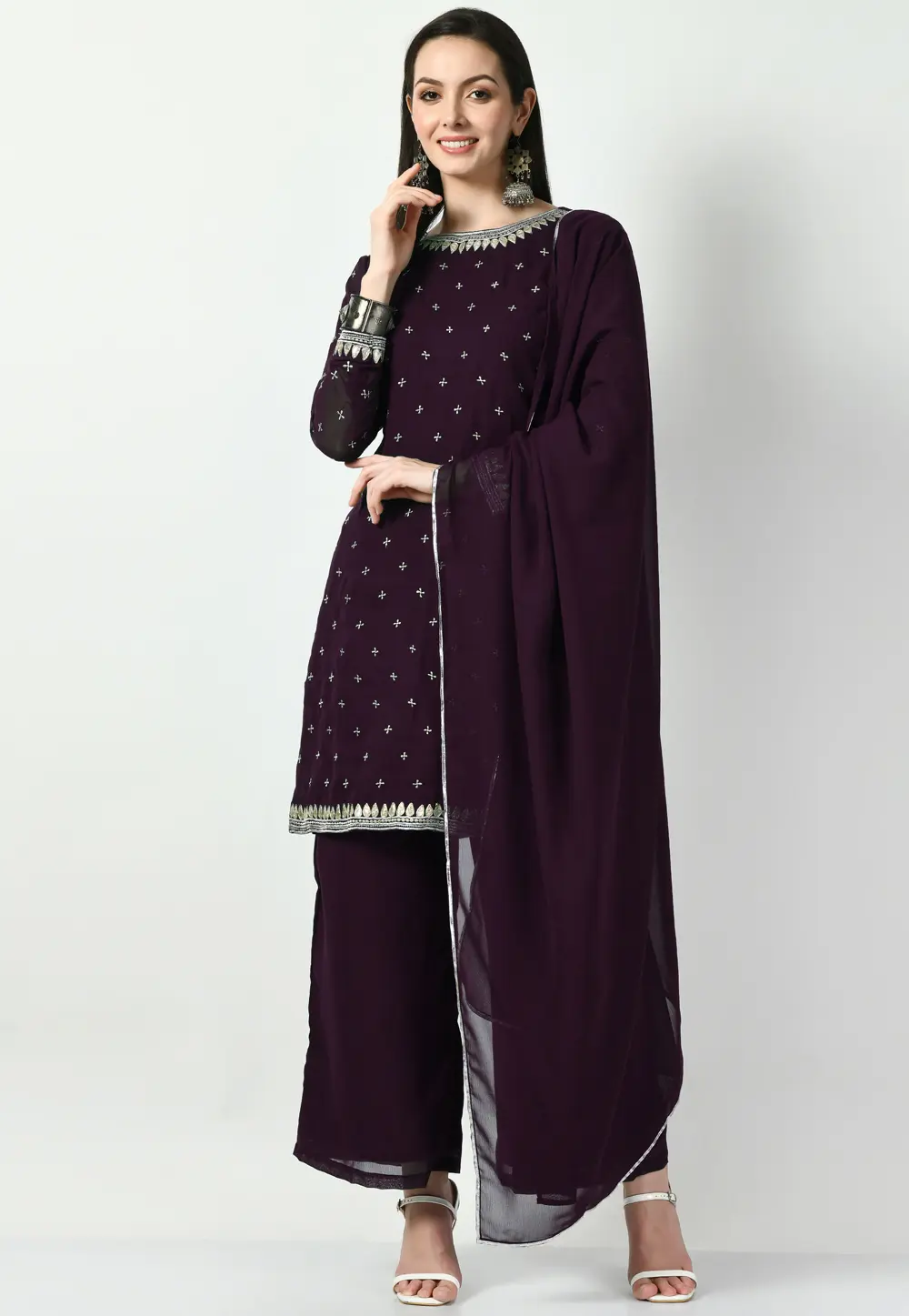 Wine Georgette Readymade Pakistani Suit 299428