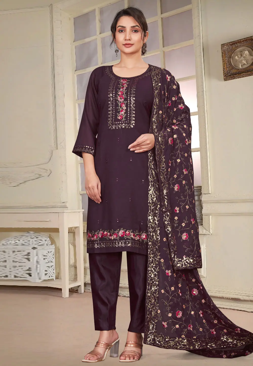 Wine Georgette Readymade Pant Style Suit 298940