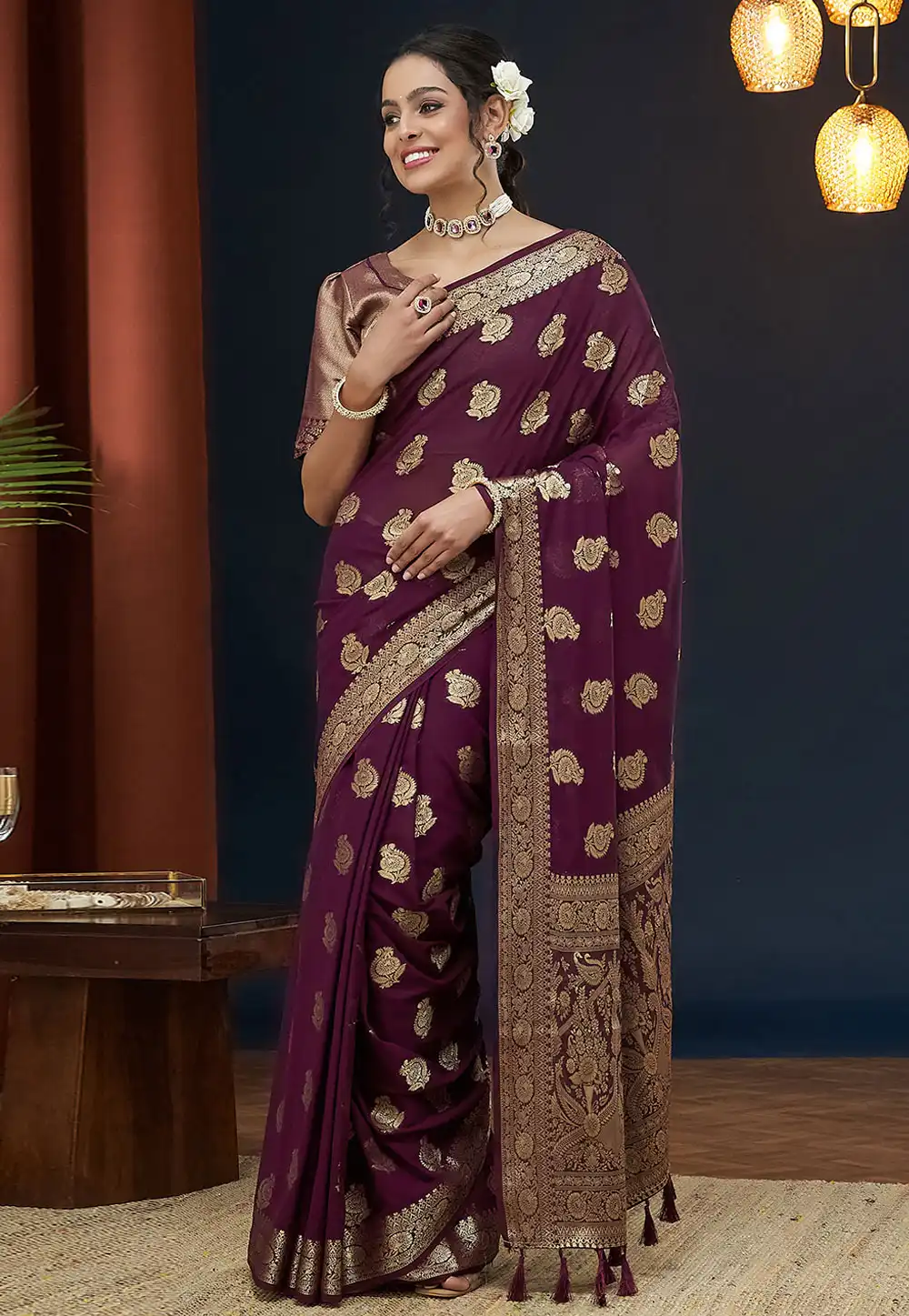 Wine Georgette Saree With Blouse 293492