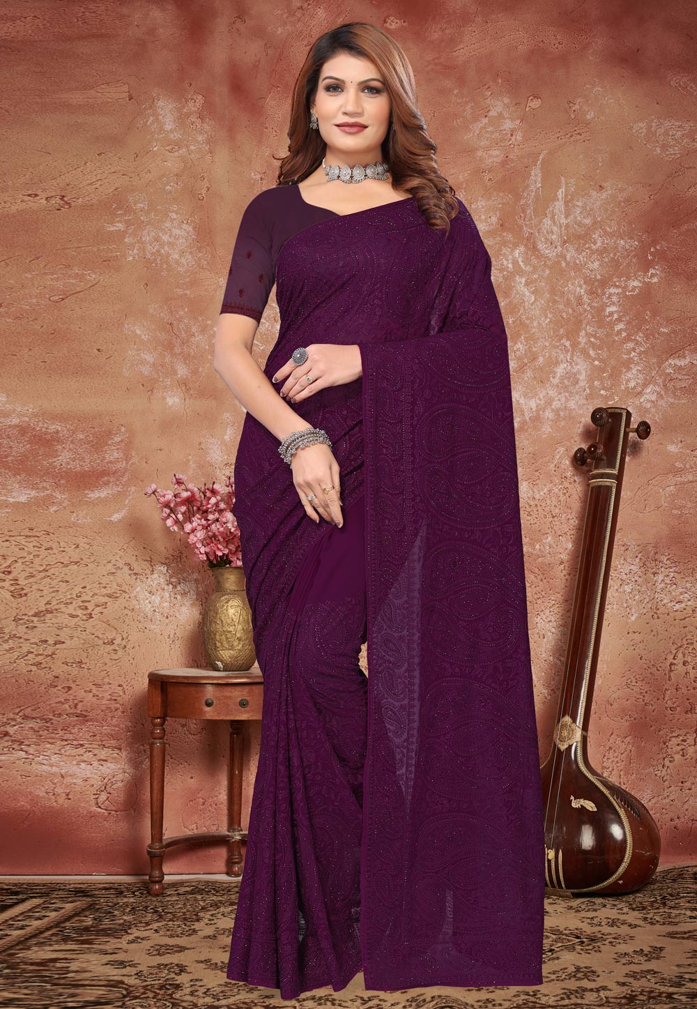 Wine Georgette Saree With Blouse 278318
