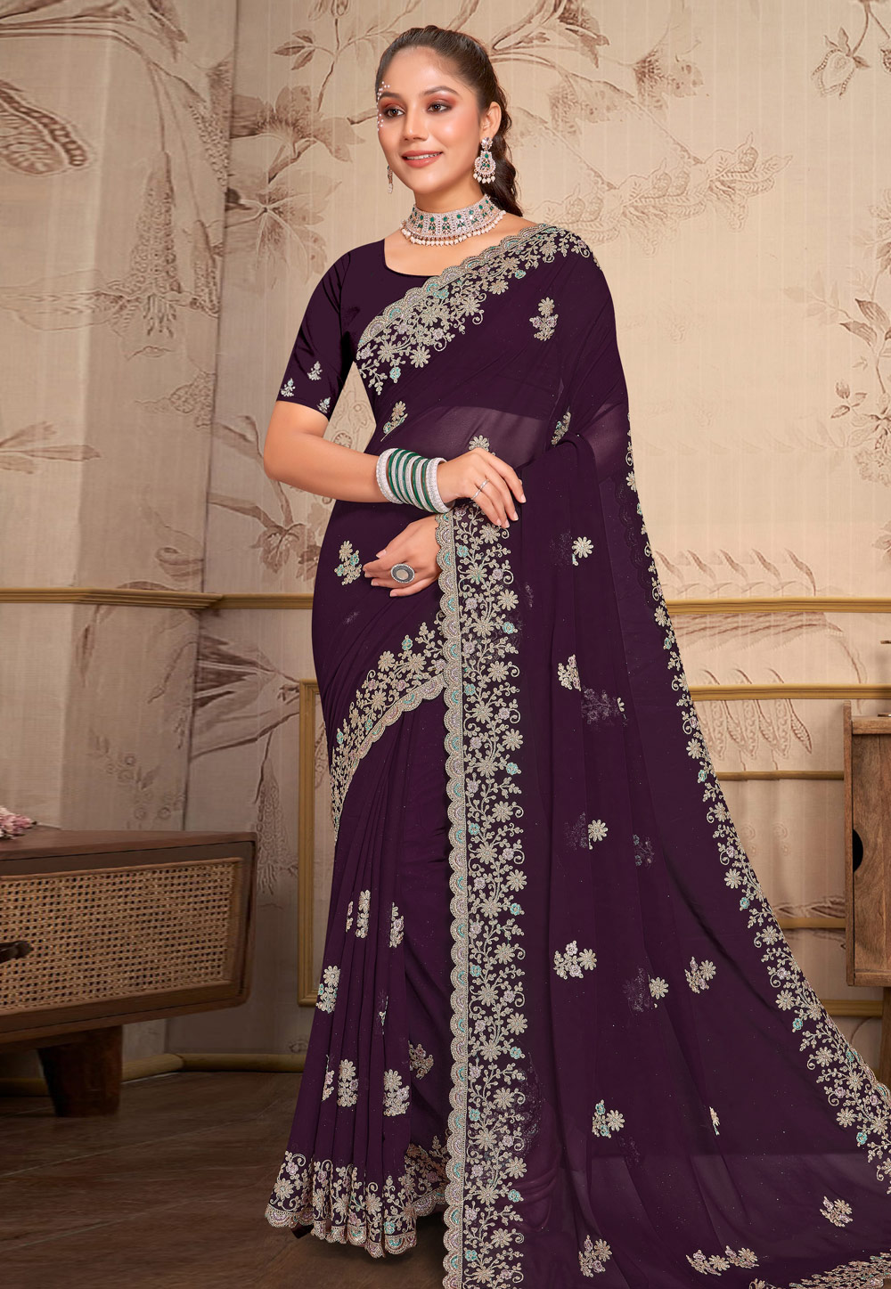 Wine Georgette Saree With Blouse 279533