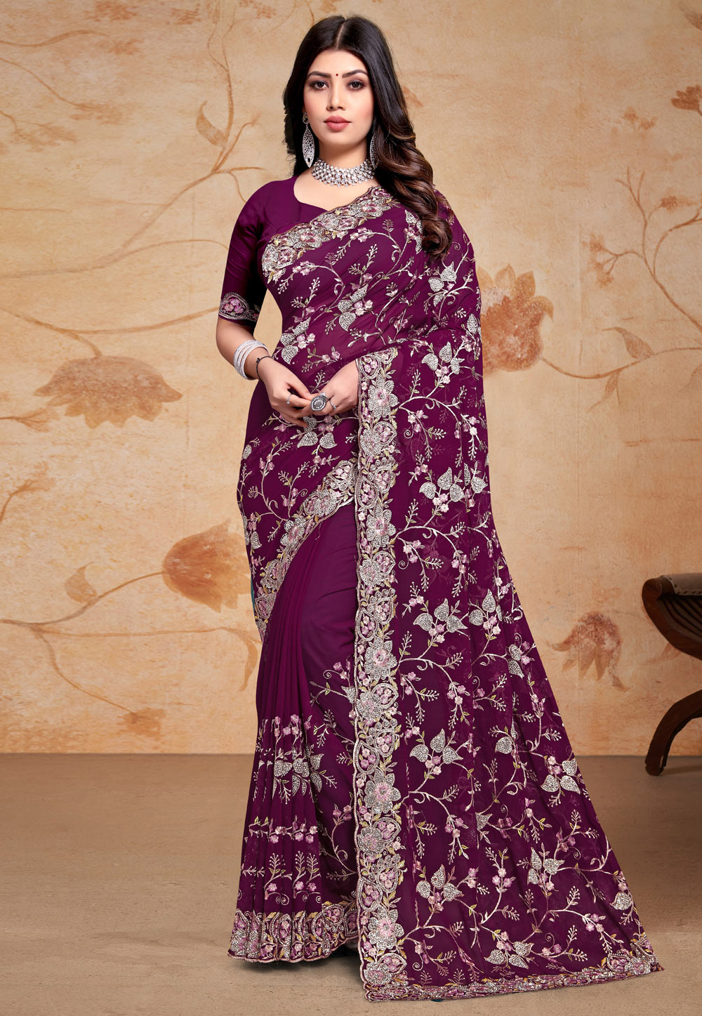Wine Georgette Saree With Blouse 283249