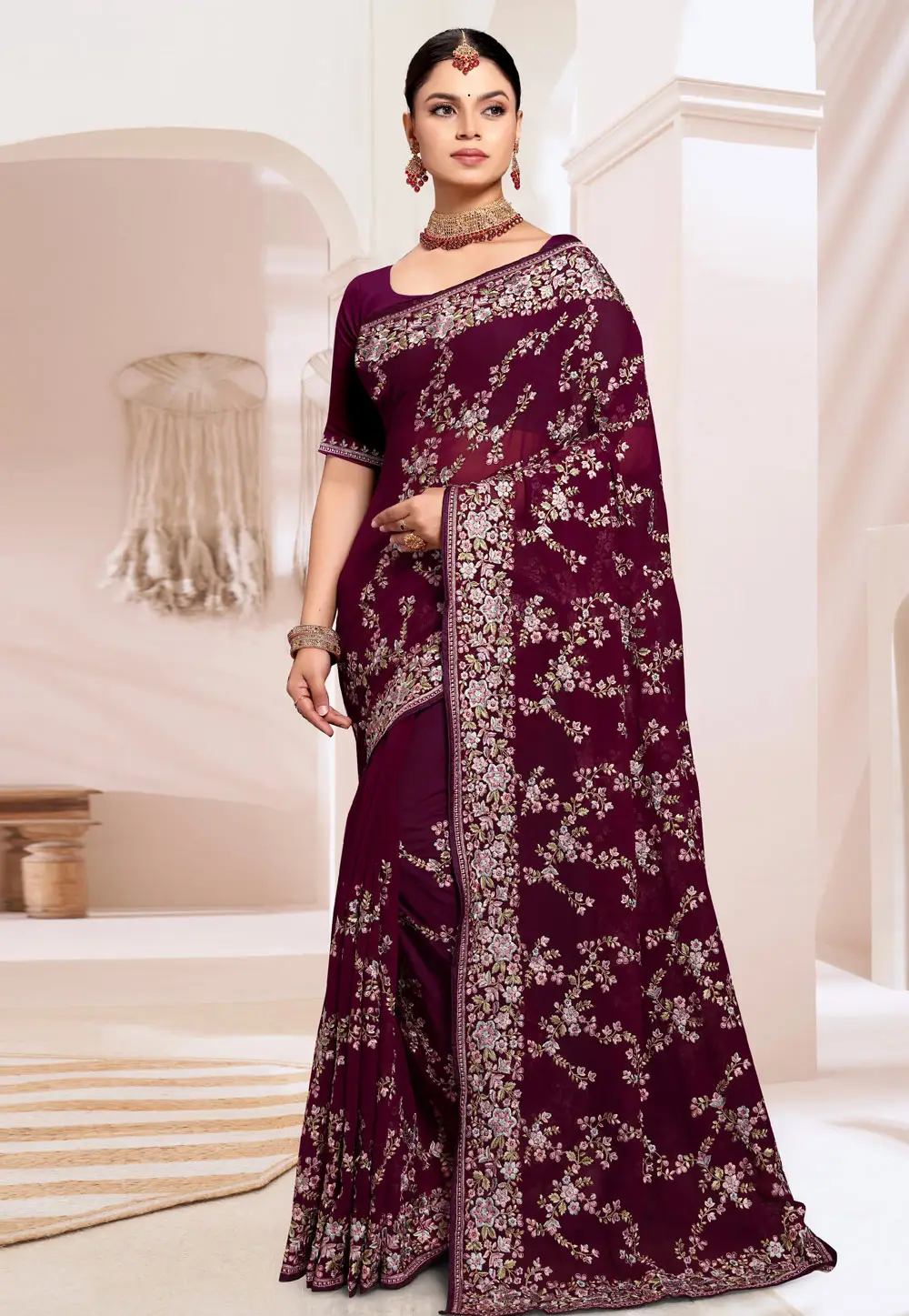 Wine Georgette Saree With Blouse 296431