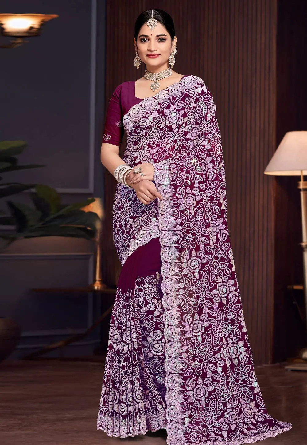 Wine Georgette Saree With Blouse 303636