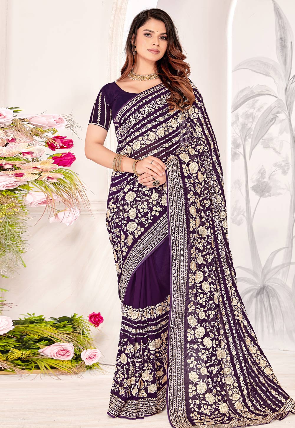 Wine Georgette Saree With Blouse 311032