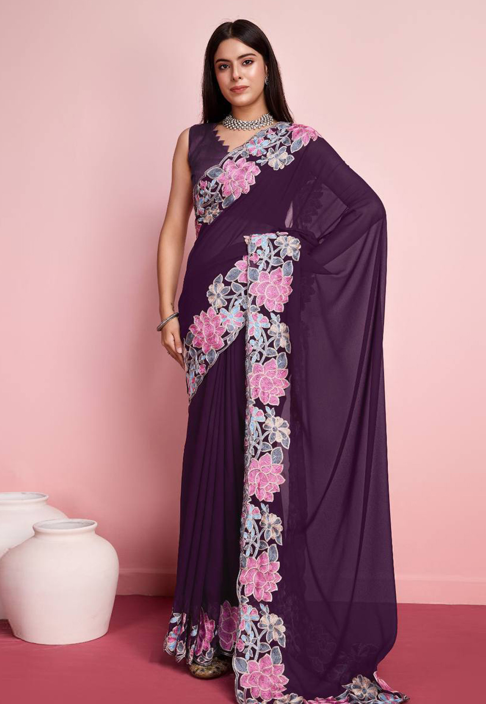Wine Georgette Saree With Blouse 286328