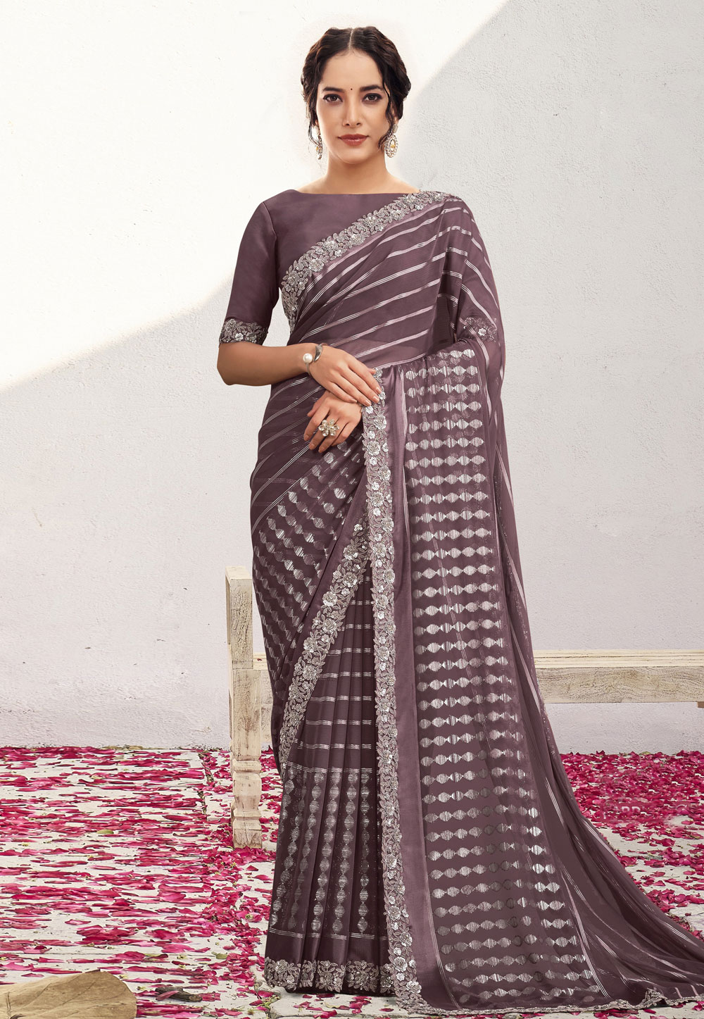 Wine Georgette Saree With Blouse 309437