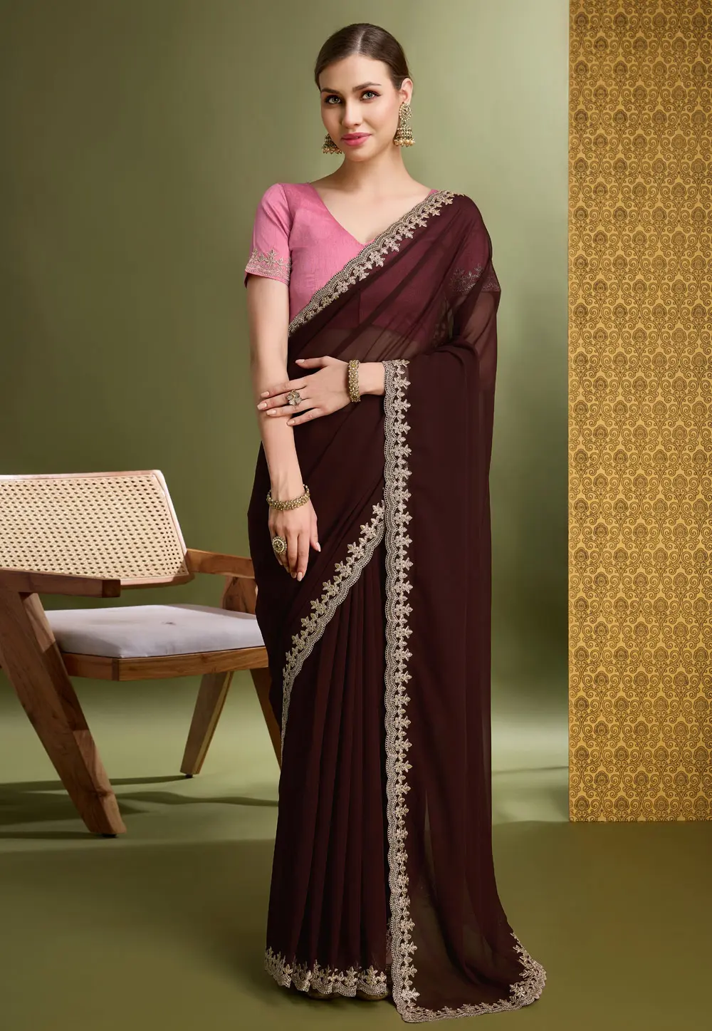 Wine Georgette Saree With Blouse 302032