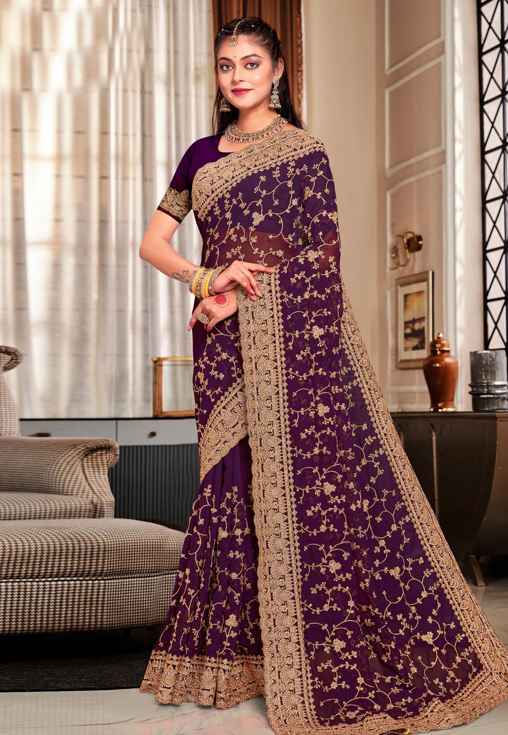 Wine Georgette Saree With Blouse 283592