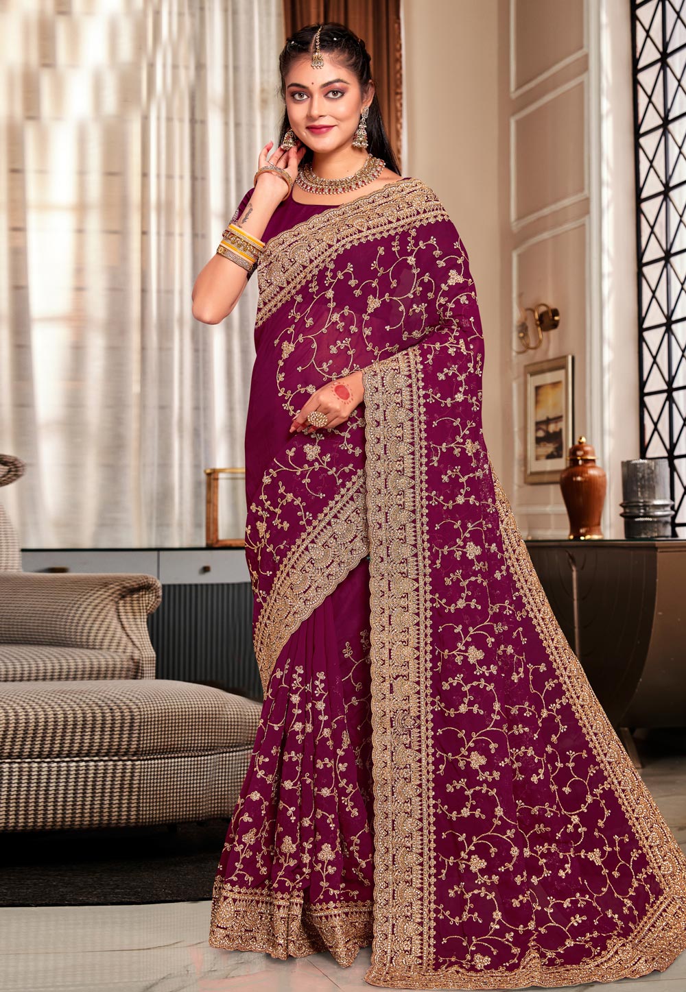 Wine Georgette Saree With Blouse 283597