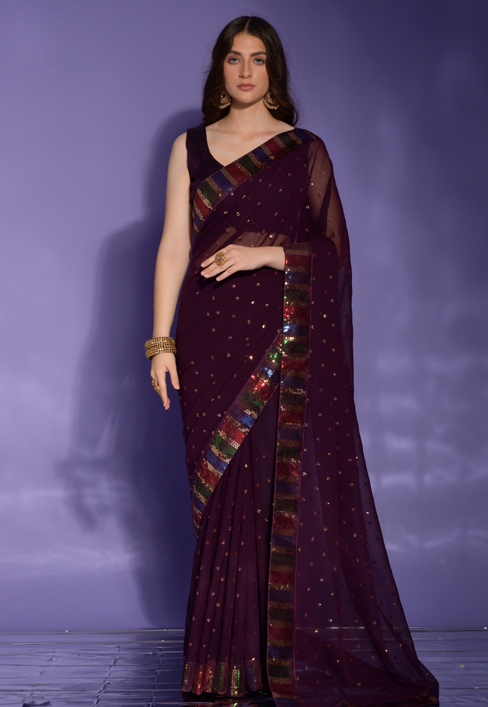 Wine Georgette Saree With Blouse 278126
