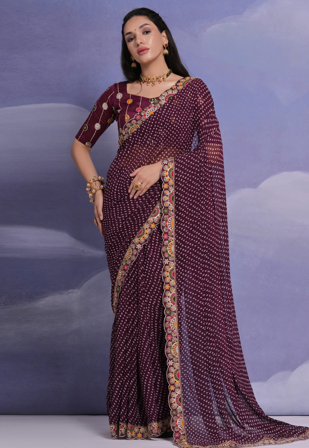 Wine Georgette Saree With Blouse 279948