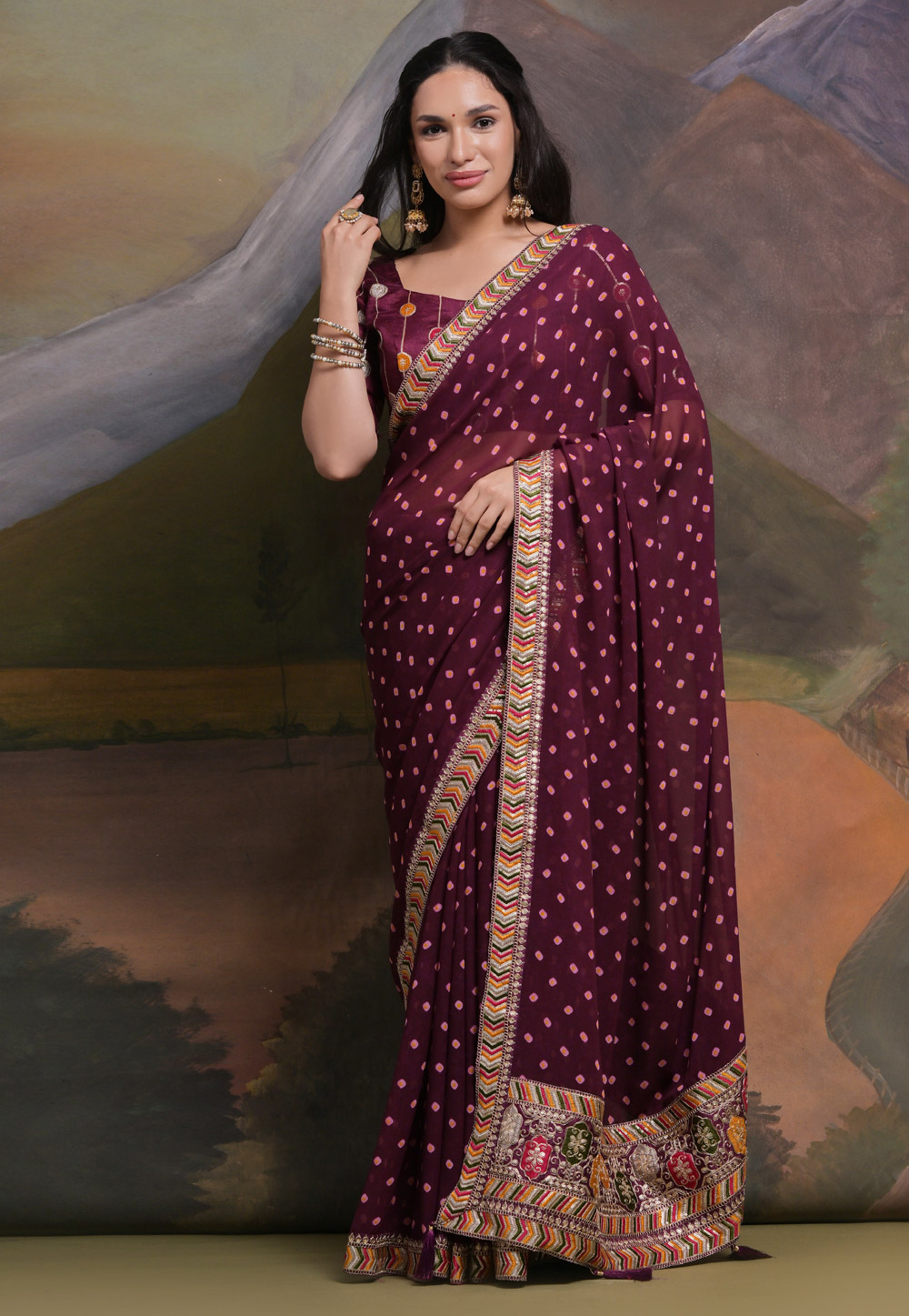 Wine Georgette Saree With Blouse 281750