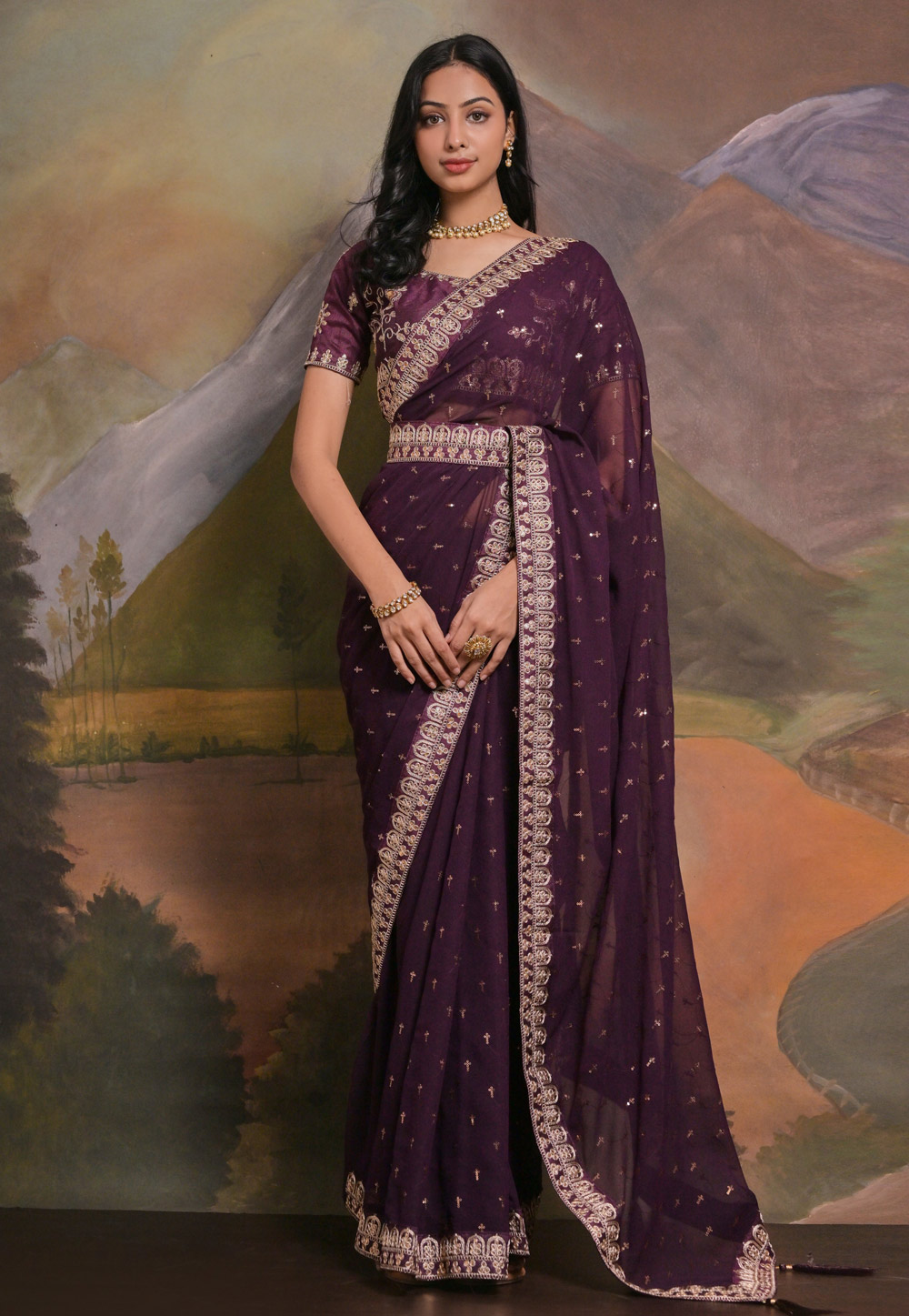 Wine Georgette Saree With Blouse 282279