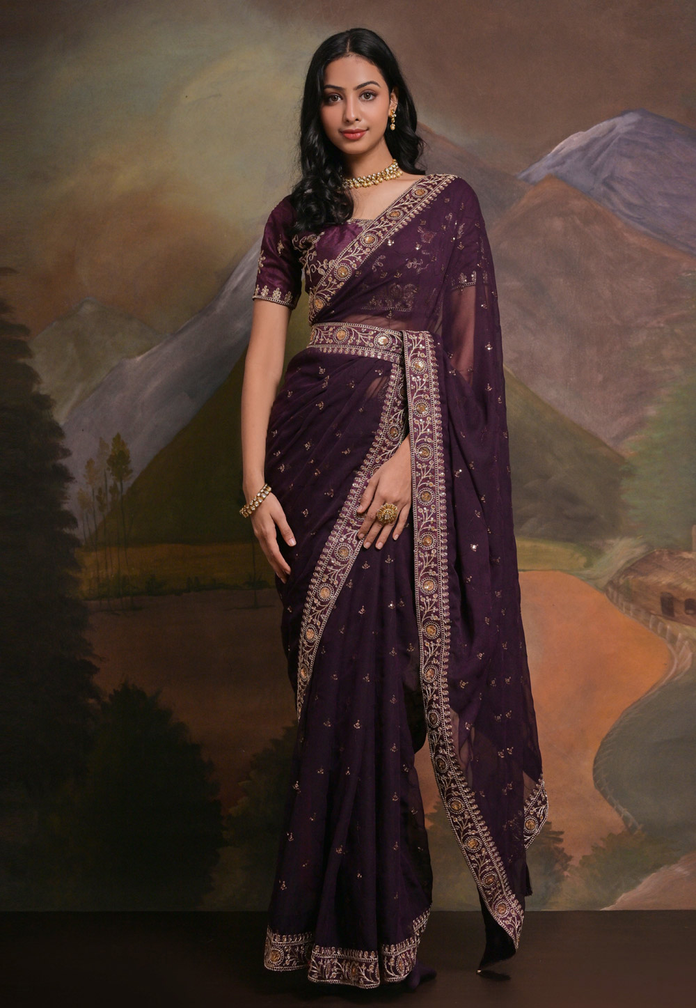 Wine Georgette Saree With Blouse 282282