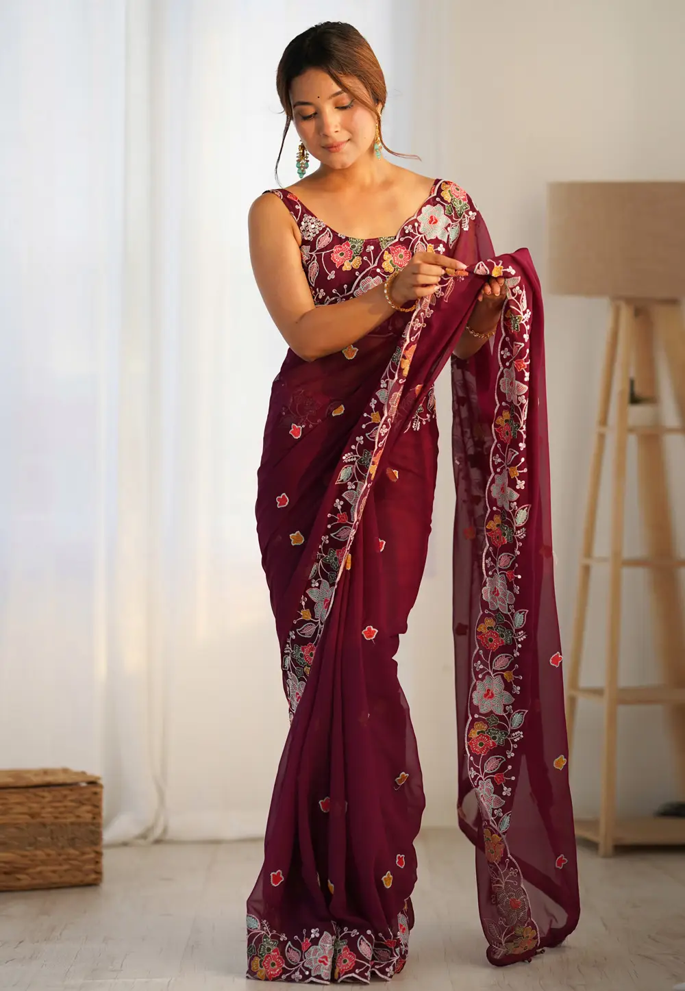 Wine Georgette Saree With Blouse 296265