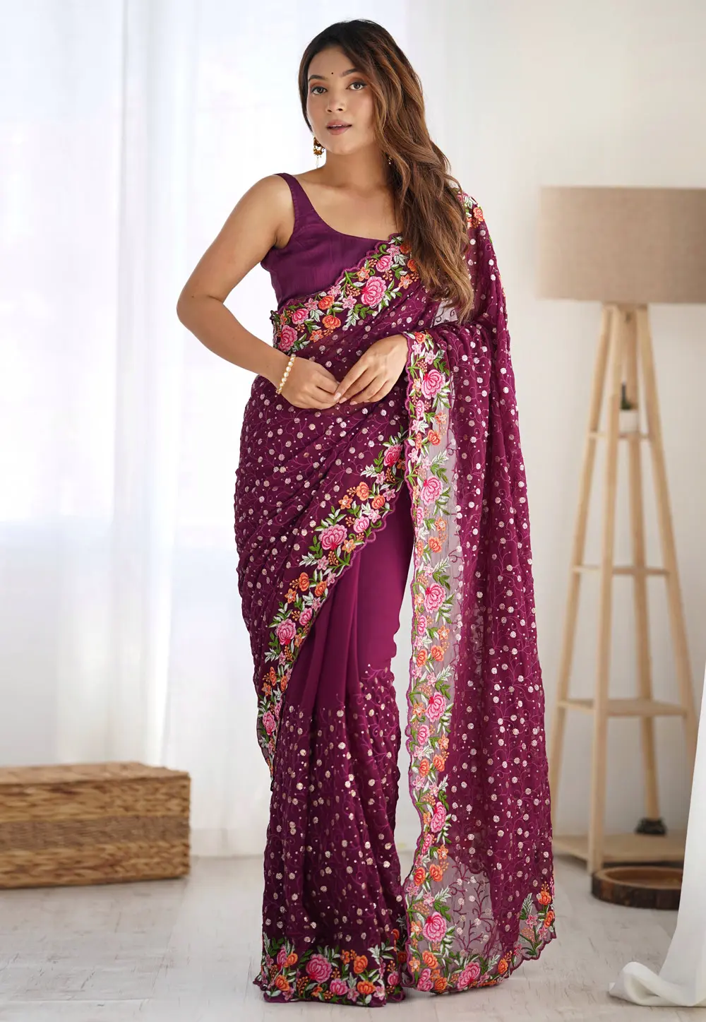 Wine Georgette Saree With Blouse 300329