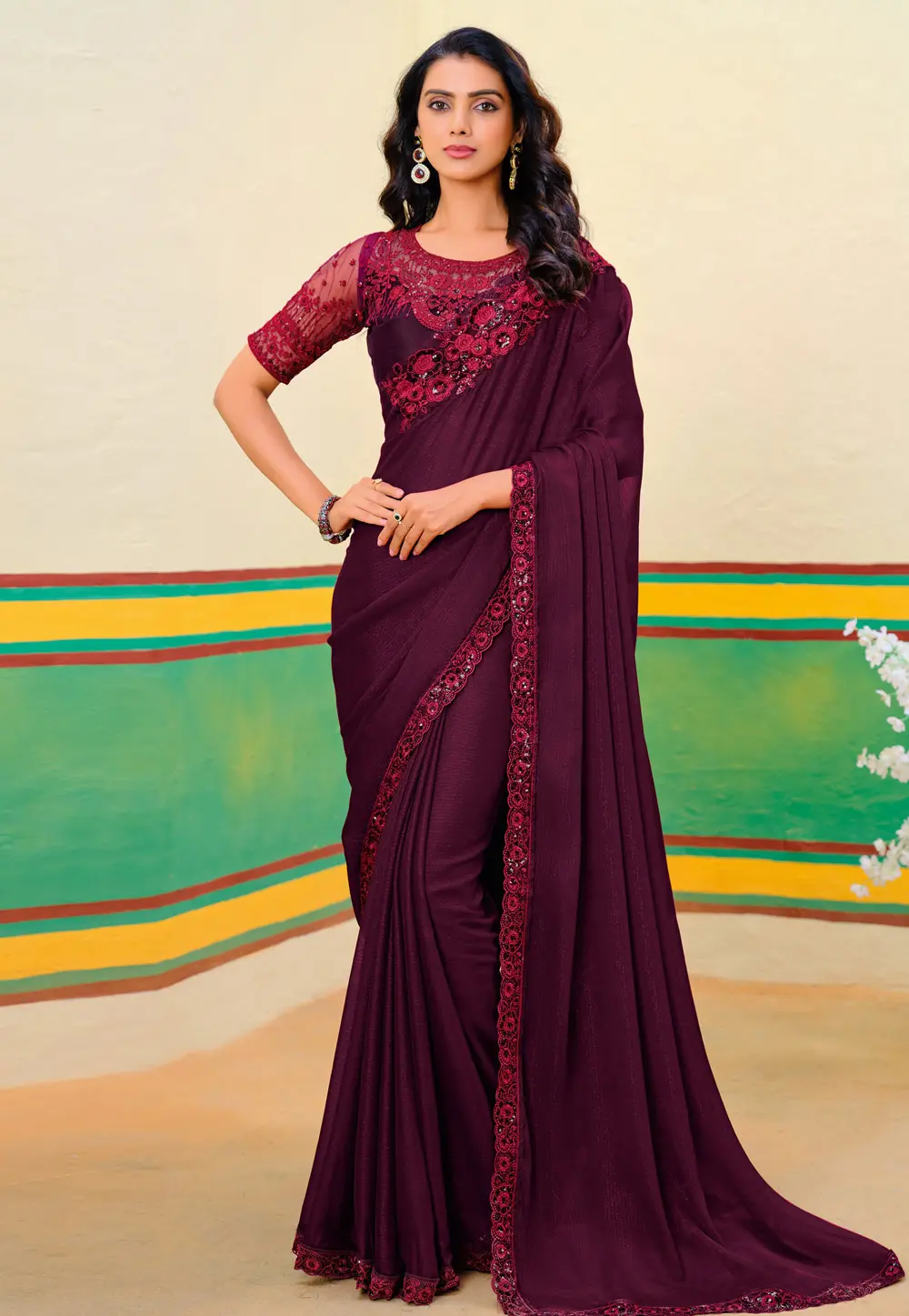 Wine Georgette Saree With Blouse 302079