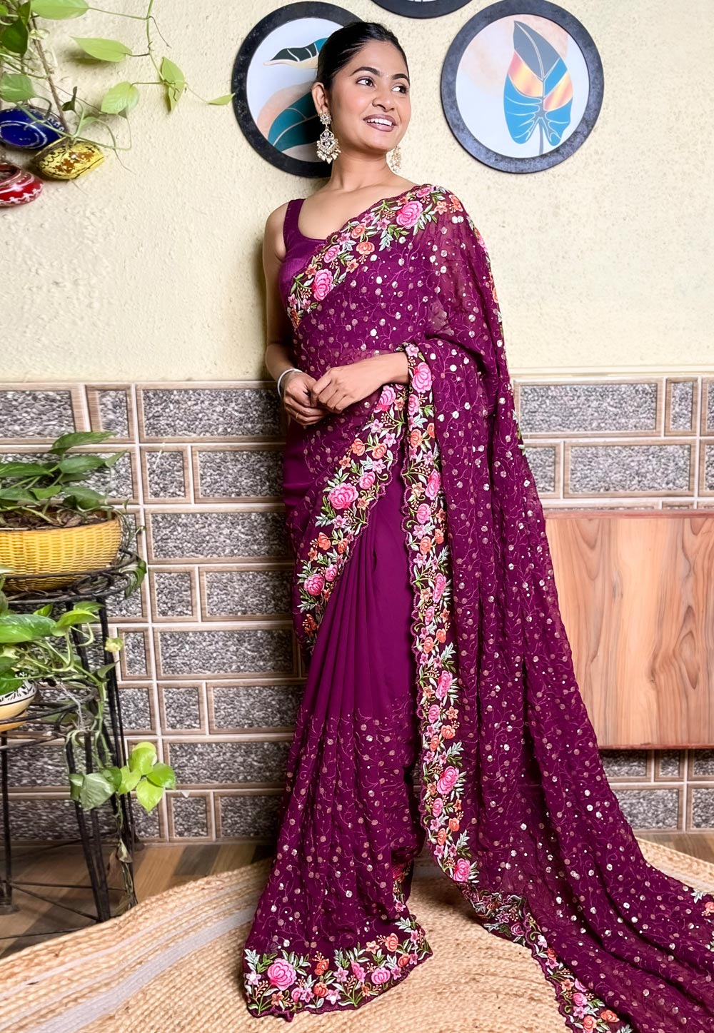 Wine Georgette Saree With Blouse 311004